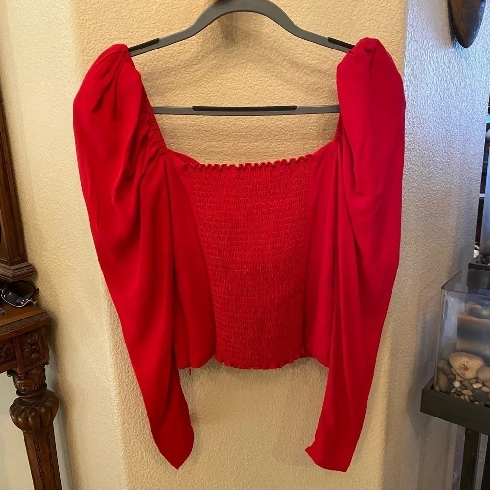 REFORMATION Women Roma Red Plunge Puff Long Sleeve Top Size 4